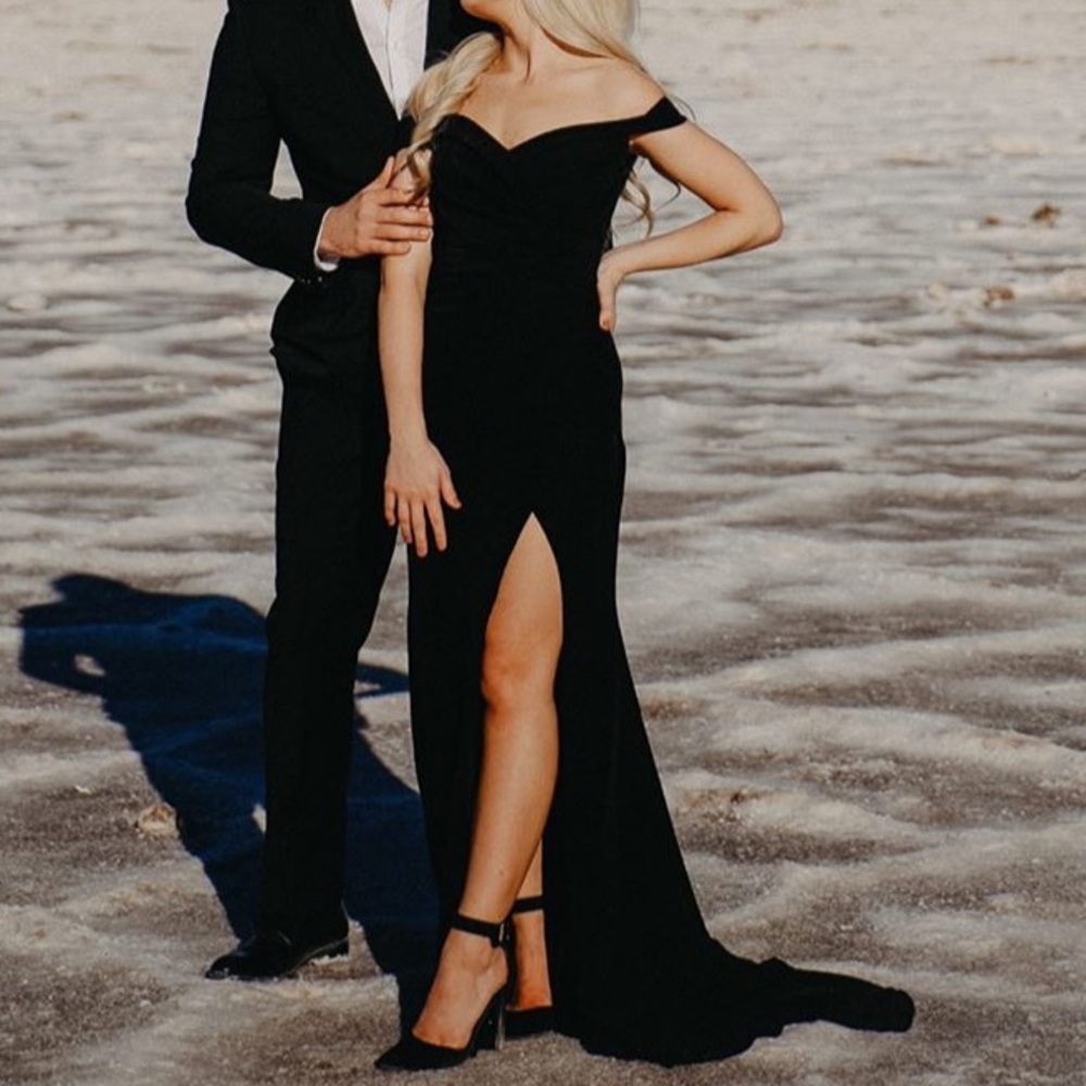 Black bardot off shoulder dress with high slit